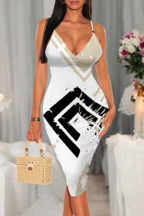 White Khaki Sexy Print Patchwork Spaghetti Strap Wrapped Skirt Dresses