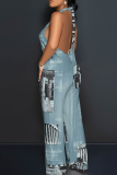 Light Purple Casual Print Backless Halter Loose Jumpsuits