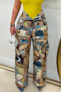 Yellow Casual Jacquard Pocket Straight Mid Waist Conventional Patchwork Bottoms