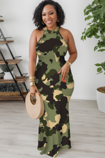 Camouflage Casual Camouflage Print Patchwork O Neck Long Dresses