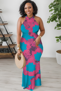 Peacock Blue Sexy Print Patchwork O Neck Long Dresses