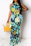 Grey Black Casual Print Patchwork O Neck Long Dresses