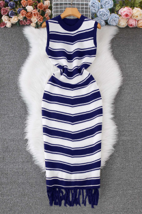 Blue Elegant Stripe Fringed Trim O Neck Long Dresses