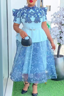 Blue Elegant Print With Belt Mandarin Collar Plus Size Dresses