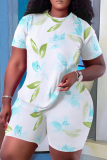 Blue Purple Casual Print Patchwork O Neck Short Sleeve Two Pieces