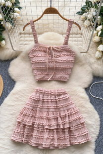Pink Vacation Solid Color Flounce Spaghetti Strap Sleeveless Two Pieces