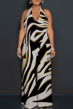 Light Purple Casual Print Backless Halter Loose Jumpsuits