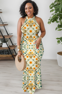 Apricot Casual Print Patchwork O Neck Long Dresses