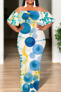 White Casual Print Patchwork Off Shoulder Long Dresses