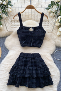 Black Vacation Solid Color Flounce Spaghetti Strap Sleeveless Two Pieces