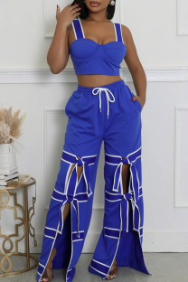 Blue Casual Solid Color Slit Strap Design Sleeveless Two Pieces