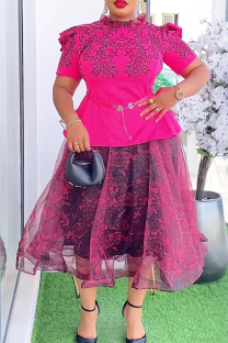 Pink Elegant Print With Belt Mandarin Collar Plus Size Dresses