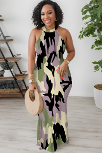 Purple Green Casual Camouflage Print Patchwork O Neck Long Dresses