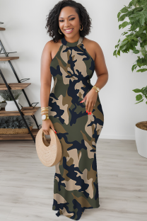 Black Green Casual Camouflage Print Patchwork O Neck Long Dresses