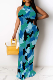 Gray Green Casual Camouflage Print Patchwork O Neck Long Dresses