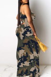 Gray Green Casual Camouflage Print Patchwork O Neck Long Dresses