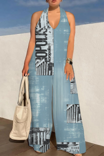 Baby Blue Casual Print Backless Halter Loose Jumpsuits