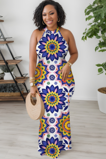 White Casual Print Patchwork O Neck Long Dresses