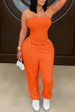 Tangerine Red Sexy Solid Color Patchwork Strapless Sleeveless Two Pieces