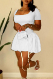 White Sexy Solid Color Patchwork Square Neck Bud Dresses