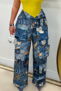 Blue Casual Jacquard Pocket Straight Mid Waist Conventional Patchwork Bottoms