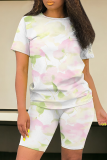 Blue Purple Casual Print Patchwork O Neck Short Sleeve Two Pieces