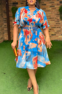Blue Elegant Print Cross Straps With Belt Turndown Collar Long Plus Size Dresses