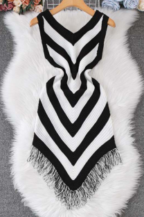 Black Sexy Stripe Fringed Trim O Neck Irregular Dresses