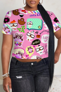Pink Casual Print Patchwork O Neck T-Shirts