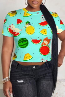 Green Casual Print Patchwork O Neck T-Shirts