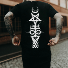 Black SATAN SPELL TOTEM WIZARD PRINTED MEN'S T-SHIRT