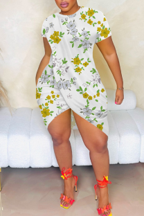 White Sexy Print Slit O Neck Irregular Dresses