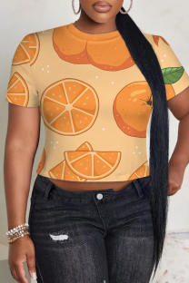 Orange Casual Print Patchwork O Neck T-Shirts