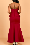 Burgundy Sexy Solid Color Slit Beading Strapless Evening Dresses