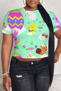 Lake Green Casual Print Patchwork O Neck T-Shirts