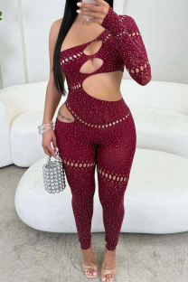 Deep Red Sexy Solid Color Hollow Out Oblique Collar Skinny Jumpsuits