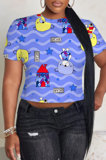 Blue Casual Print Patchwork O Neck T-Shirts
