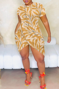 Tangerine Sexy Print Slit O Neck Irregular Dresses