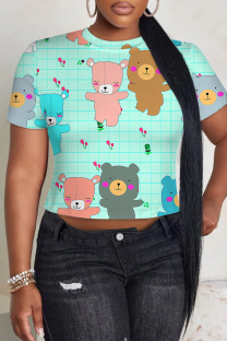 Turquoise Casual Print Patchwork O Neck T-Shirts