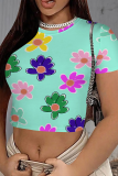 Orange Casual Print Patchwork O Neck T-Shirts