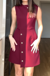Burgundy Casual Solid Color Buckle O Neck A Line Dresses