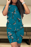 Blue Black Casual Print Patchwork O Neck Short Sleeve Two Pieces
