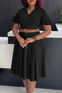 Black Elegant Solid Color Pocket With Belt V Neck Long Dresses