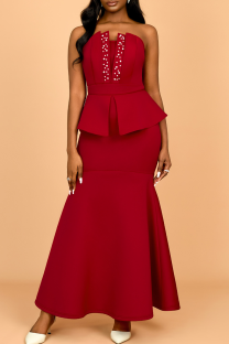 Burgundy Sexy Solid Color Slit Beading Strapless Evening Dresses