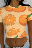 Orange Casual Print Patchwork O Neck T-Shirts