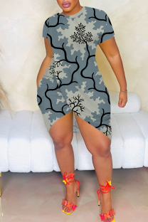 Gray Blue Sexy Print Slit O Neck Irregular Dresses