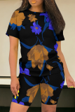 Blue Black Casual Print Patchwork O Neck Short Sleeve Two Pieces