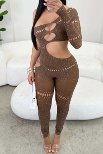 Khaki Sexy Solid Color Hollow Out Oblique Collar Skinny Jumpsuits