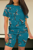 Blue Black Casual Print Patchwork O Neck Short Sleeve Two Pieces
