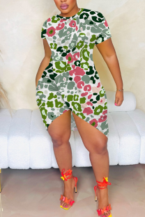 Multicolor Sexy Print Slit O Neck Irregular Dresses